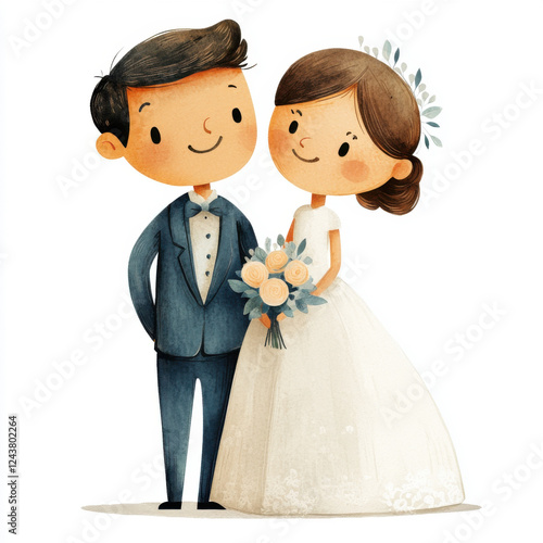 Cute cartoon couple in wedding attire, smiling happily together. bride wears white dress and holds bouquet, while groom is in suit