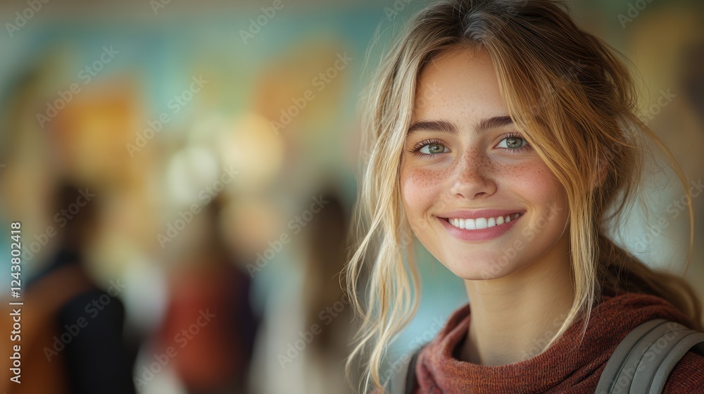 Smiling student, campus background, portrait, education Smiling student, campus background, portrait, education