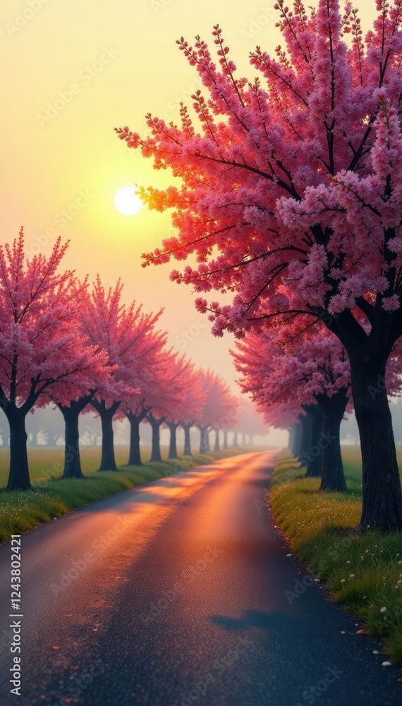 Naklejka premium Serene almond trees bloom in rows along a winding road, almond tree, hazy sunset