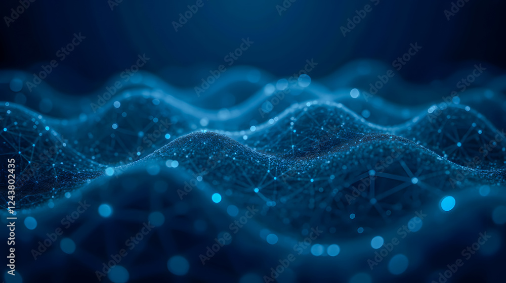 Fototapeta premium Abstract Blue Wave Pattern with Connecting Dots and Lines Representing Data Flow and Network Connections in a Digital Space