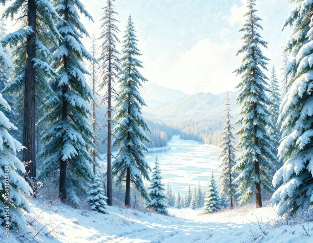 Naklejka premium Watercolor painting of a serene snow-covered forest with tall trees and a frozen lake in the background, frozen lake, serene woods, frosty landscape