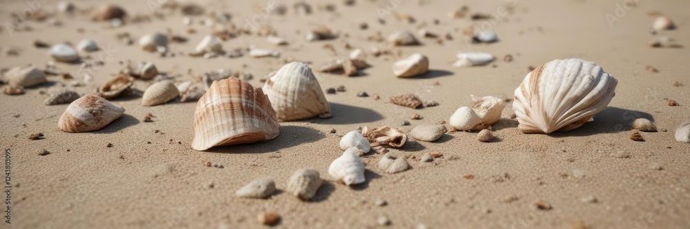 Weathered and worn seashell fragments scattered on a sandy shoreline amidst beachy debris, natural, coastal, weathered Weathered and worn seashell fragments scattered on a sandy shoreline amidst beachy debris, natural, coastal, weathered