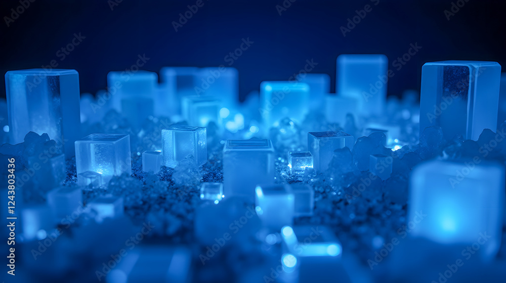 Obraz premium Brilliant Blue Crystals and Cubes Illuminated by Soft Light in an Artistic Composition on a Dark Background