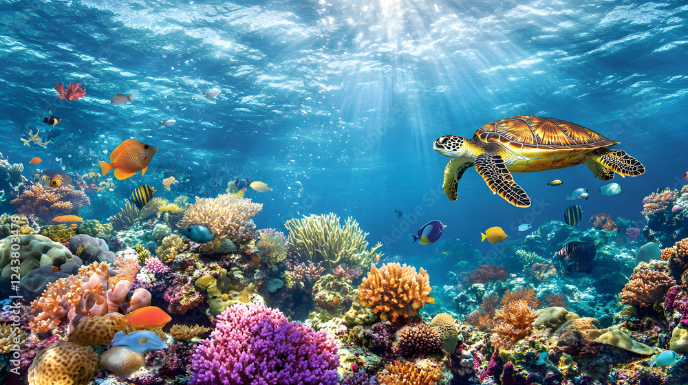 Fototapeta premium Underwater Tropical Corals Reef with colorful sea fish. Marine life sea world. Tropical colourful underwater seascape.