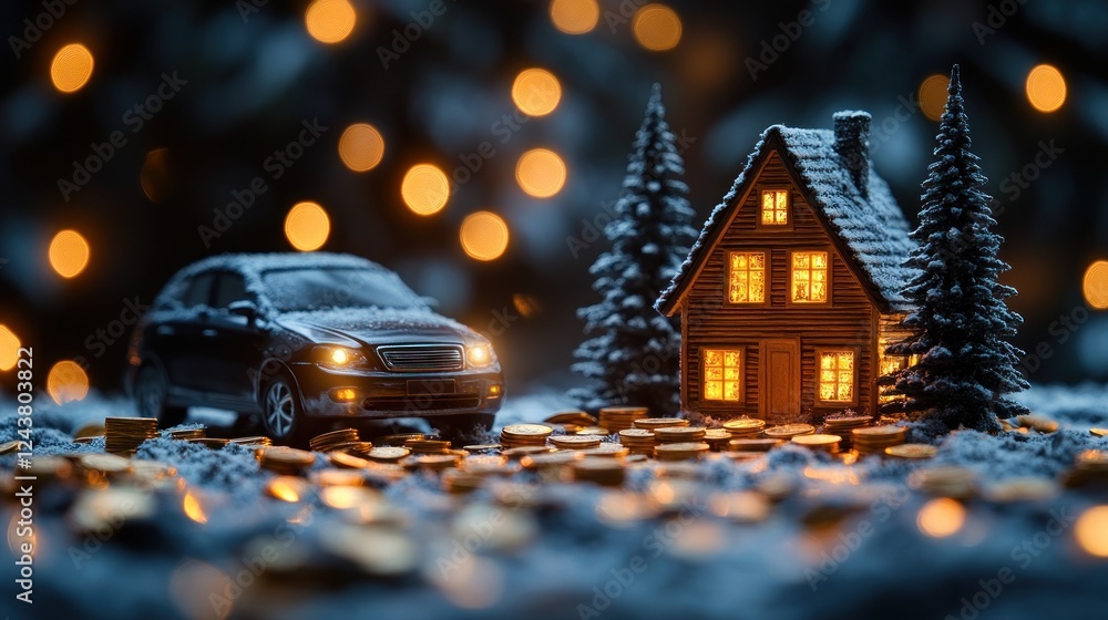 Naklejka premium Snowy winter home, car, coins, lights, finance