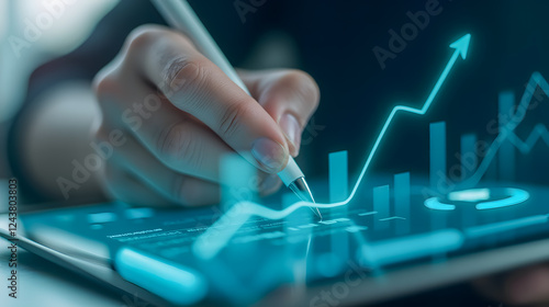 Person using digital tablet to analyze data trends and graphs with futuristic visualizations and growth indicators in professional setting