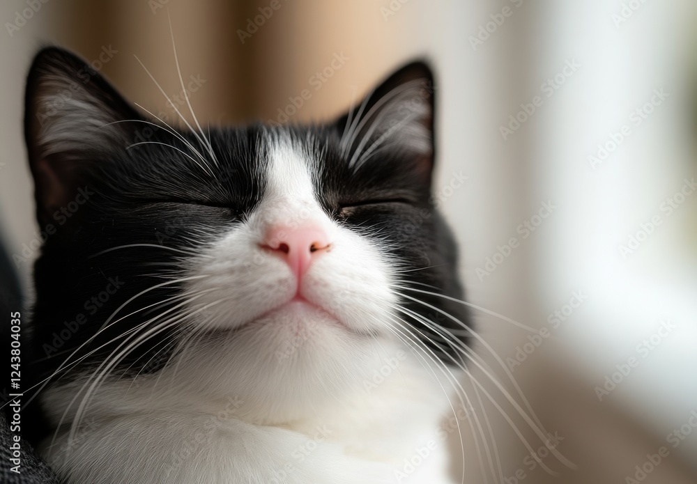 Contented black and white cat with closed eyes basking in warm sunlight near a window, showcasing serene expression and fluffy fur in cozy indoor setting Contented black and white cat with closed eyes basking in warm sunlight near a window, showcasing serene expression and fluffy fur in cozy indoor setting