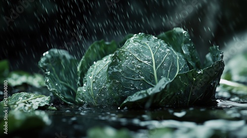 Slow-motion capture of rain hitting a cabbage leaf, dynamic water splashes, crisp details, dark cinematic tone photo