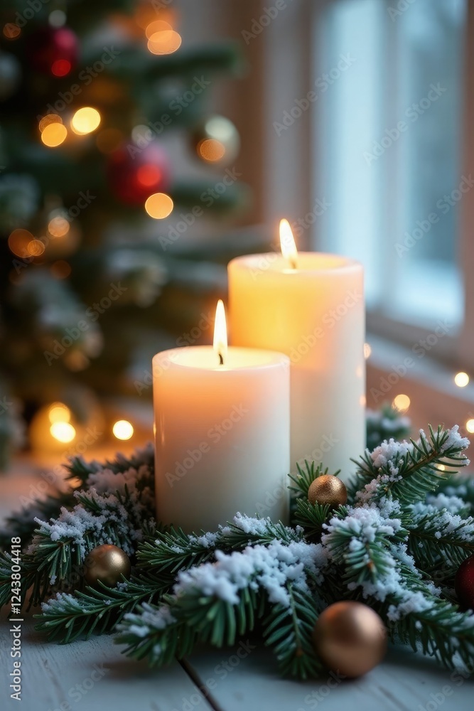 Sparkling snow-covered evergreen branch with candles, whitened, Christmas, wooden Sparkling snow-covered evergreen branch with candles, whitened, Christmas, wooden