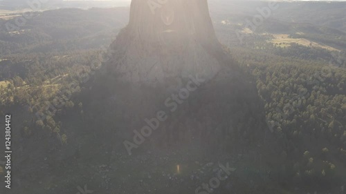 Drone Shot of Devils Tower: Majestic Monolithic Volcanic Butte in Wyoming