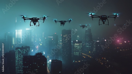 A city skyline monitored by AI-powered surveillance drones, scanning for unusual activity, Surveillance, Threat Detection, 16:9 photo