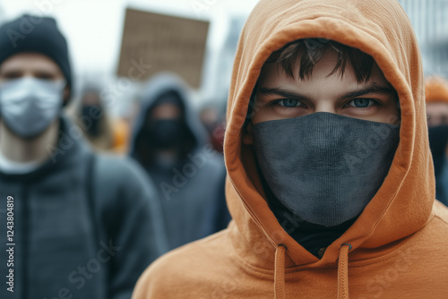 Wallpaper Mural Young man participates in a protest wearing a mask while standing among a crowd in an urban environment Torontodigital.ca