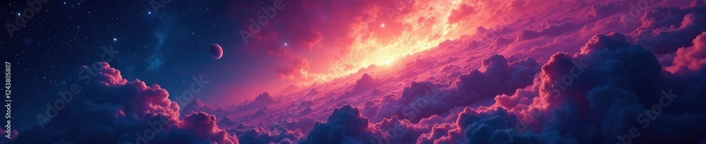 Naklejka premium Swirling gas clouds with starlight and planets, space, stars