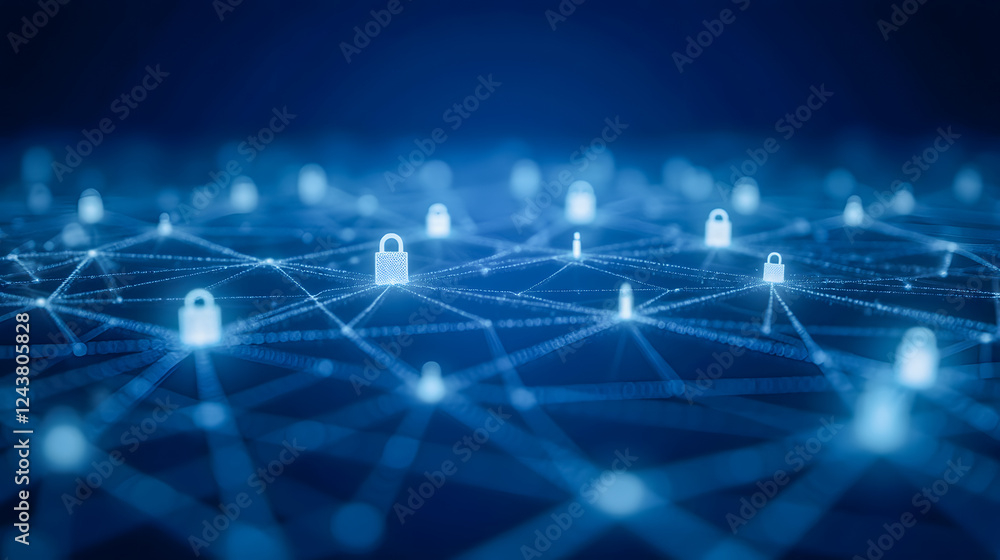 Obraz premium Digital network with glowing padlocks representing cybersecurity and data protection in a connected world, illustrating security solutions and challenges
