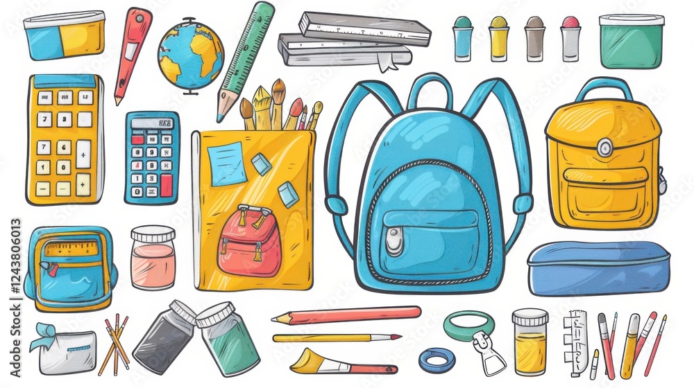 Vector art of school supplies set with a backpack, book, globe, paints, ruler, pen, pencil, calculator, pencil box, brushes, and glue. Ideal for study, school, and university themes Vector art of school supplies set with a backpack, book, globe, paints, ruler, pen, pencil, calculator, pencil box, brushes, and glue. Ideal for study, school, and university themes