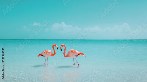 Two flamingos in shallow turquoise water, facing each other under a clear blue sky.