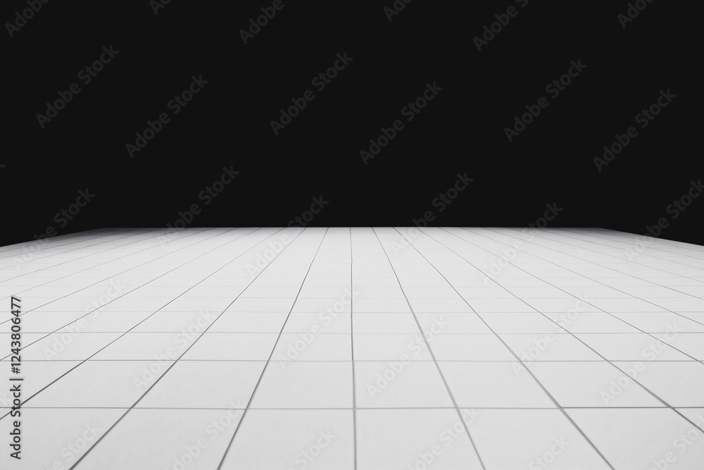 Fototapeta premium Minimalist Grid: A clean and modern minimalist backdrop with a grid pattern on a white tiled floor, illuminated by a soft spotlight.