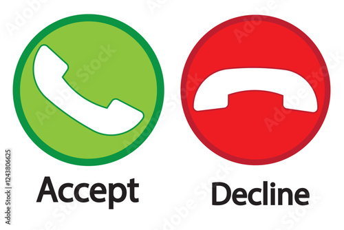 Phone call button icon. Answer and decline phone call buttons. Accept phone ringing or Reject ringing. Telephone sign Incoming call. Voice call screen Phone calls icons accept and decline.