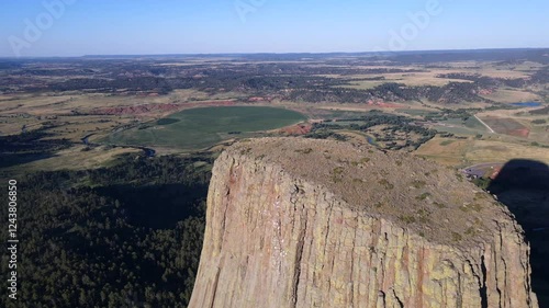 Drone Shot of Devils Tower: Majestic Monolithic Volcanic Butte in Wyoming