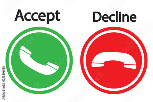 Phone call button icon. Answer and decline phone call buttons. Accept phone ringing or Reject ringing. Telephone sign Incoming call. Voice call screen Phone calls icons accept and decline.