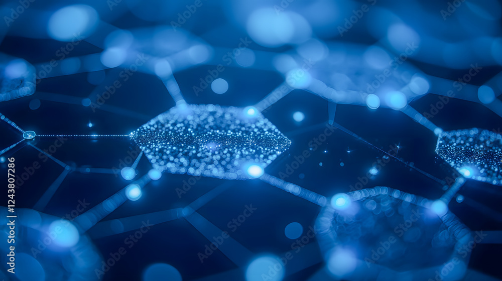 Obraz premium Futuristic Abstract Background with Connected Hexagons and Glowing Particles in Deep Blue Color Scheme for Technology Concepts