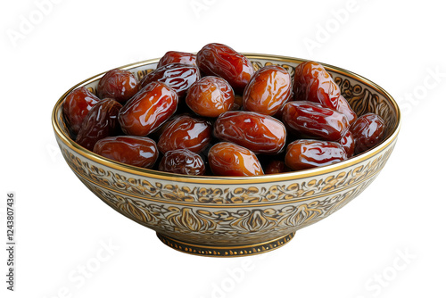 Ornate ceramic bowl filled with glossy Medjool dates, isolated on a transparent background.