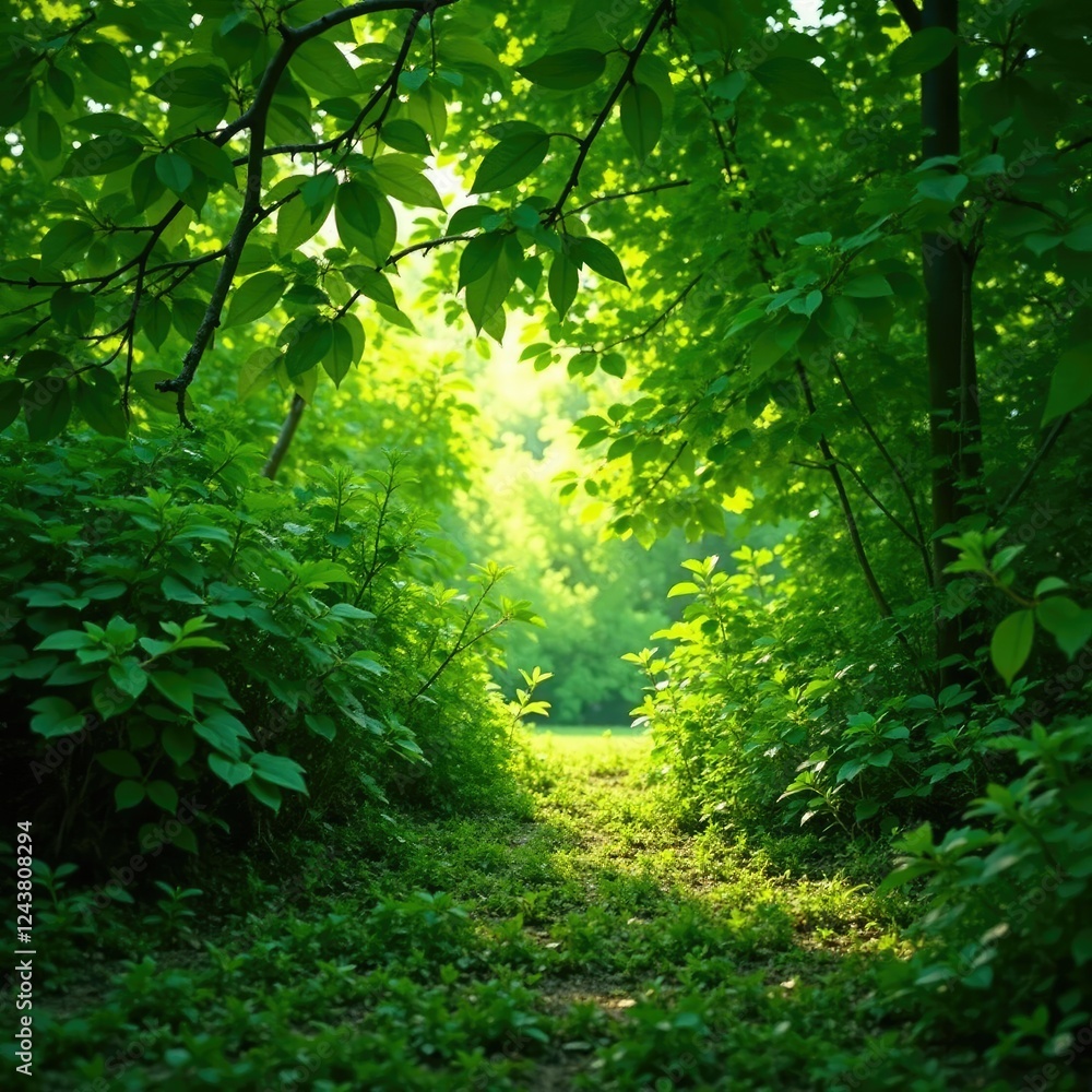 Fototapeta premium Leaves stretch above the ground, casting dappled shade, nature, verdant