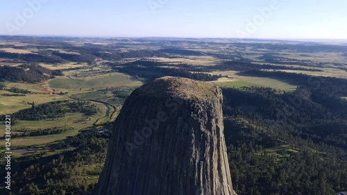 Drone Shot of Devils Tower: Majestic Monolithic Volcanic Butte in Wyoming
