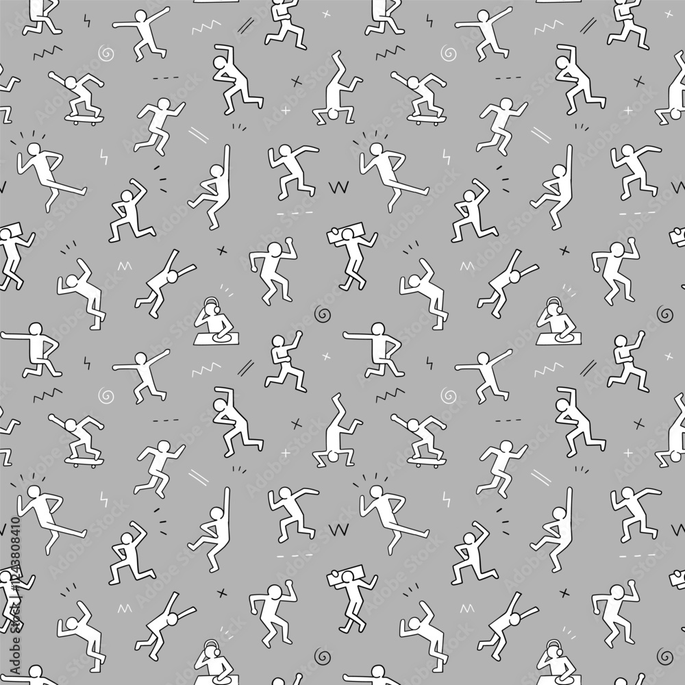 Active people dance party dudes characters seamless pattern, vector background Active people dance party dudes characters seamless pattern, vector background
