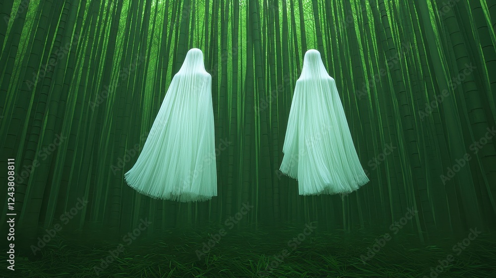 Ethereal Figures Floating in Enchanted Bamboo Forest at Twilight Ethereal Figures Floating in Enchanted Bamboo Forest at Twilight