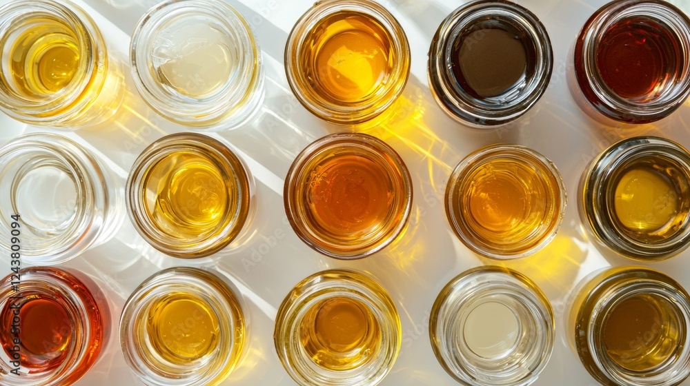 Flat lay of assorted glass jars with golden hues and honey tones Flat lay of assorted glass jars with golden hues and honey tones