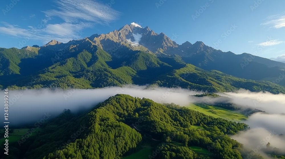 Obraz premium Exploring the Majestic Beauty of the Mountain Range Surrounded by Trees and Fleeting Clouds in Nature's Landscape