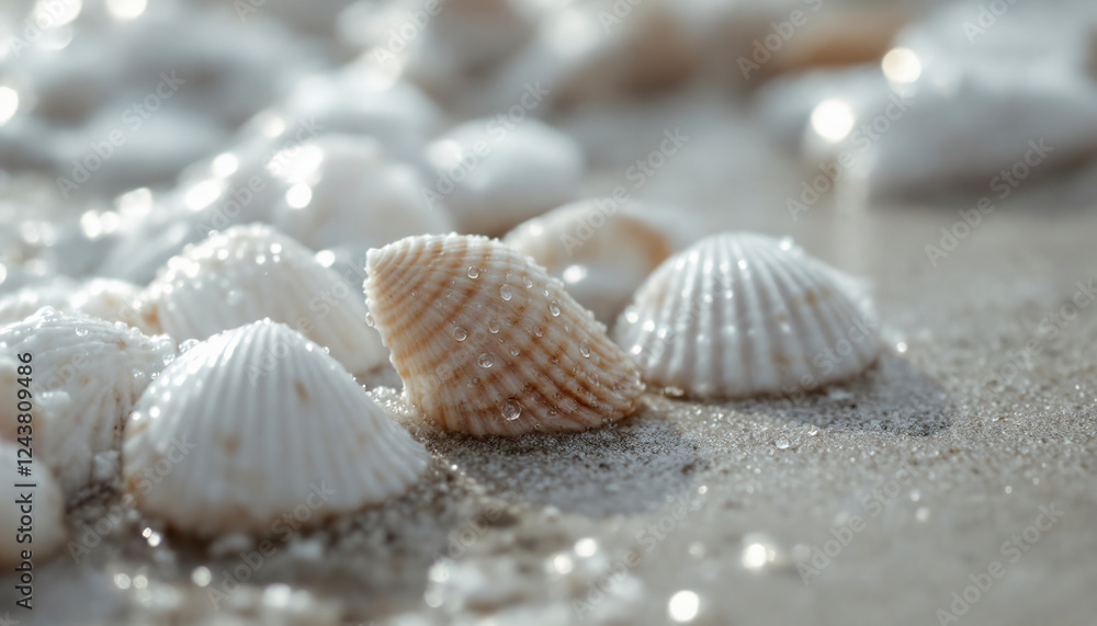 Seashells on Sandy Beach with Dewdrops Seashells on Sandy Beach with Dewdrops
