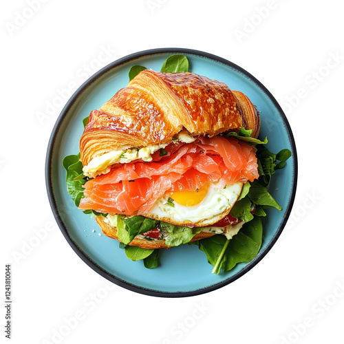an egg and salmon bacon croissant sandwich on a blue plate on white background

