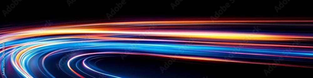 Abstract Light Trails of Winding Road, Dynamic Flow with Vibrant Colors on Black Background Abstract Light Trails of Winding Road, Dynamic Flow with Vibrant Colors on Black Background