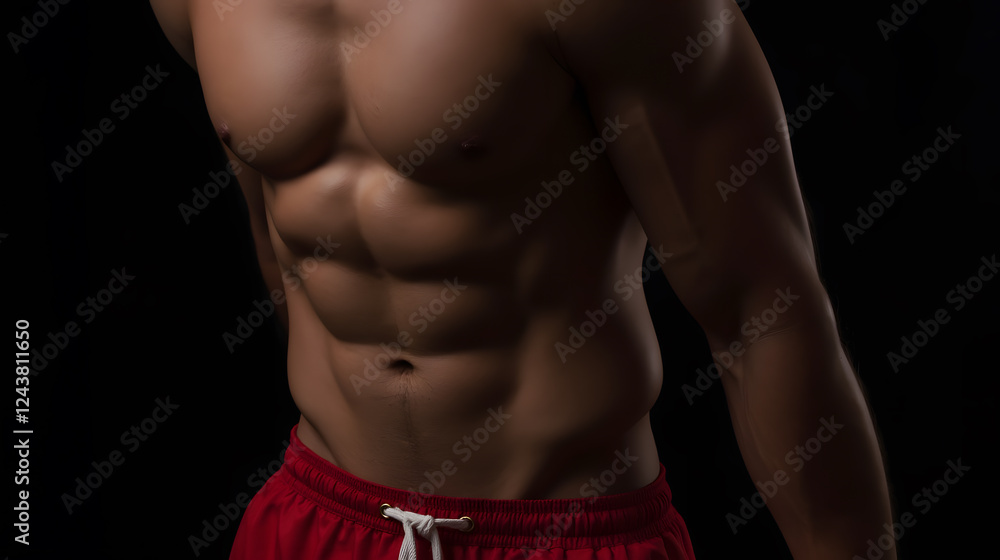 Fototapeta premium Athletic male torso exhibiting defined muscles and toned physique posing in studio against black background for fitness and bodybuilding imagery
