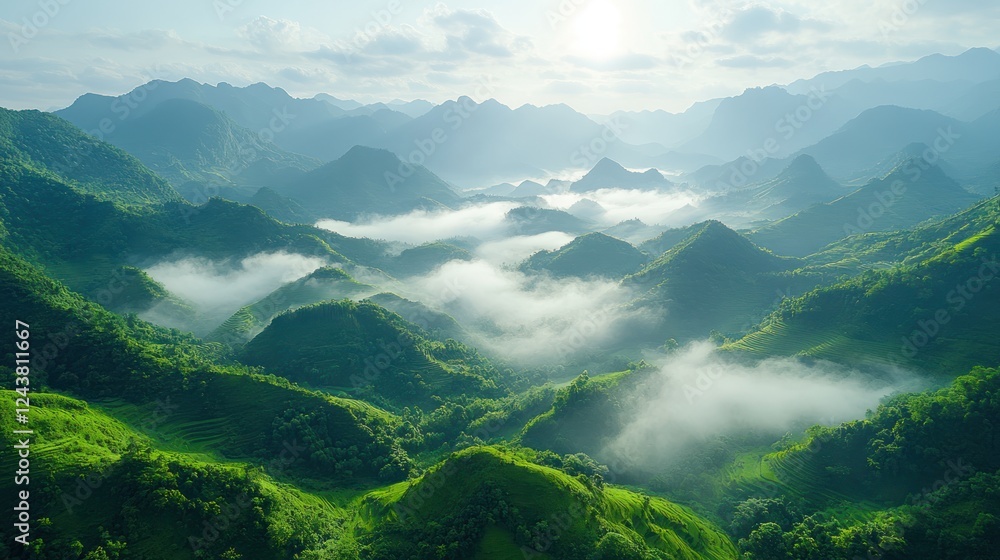 Fototapeta premium Misty Mountain Valley Sunrise Panorama