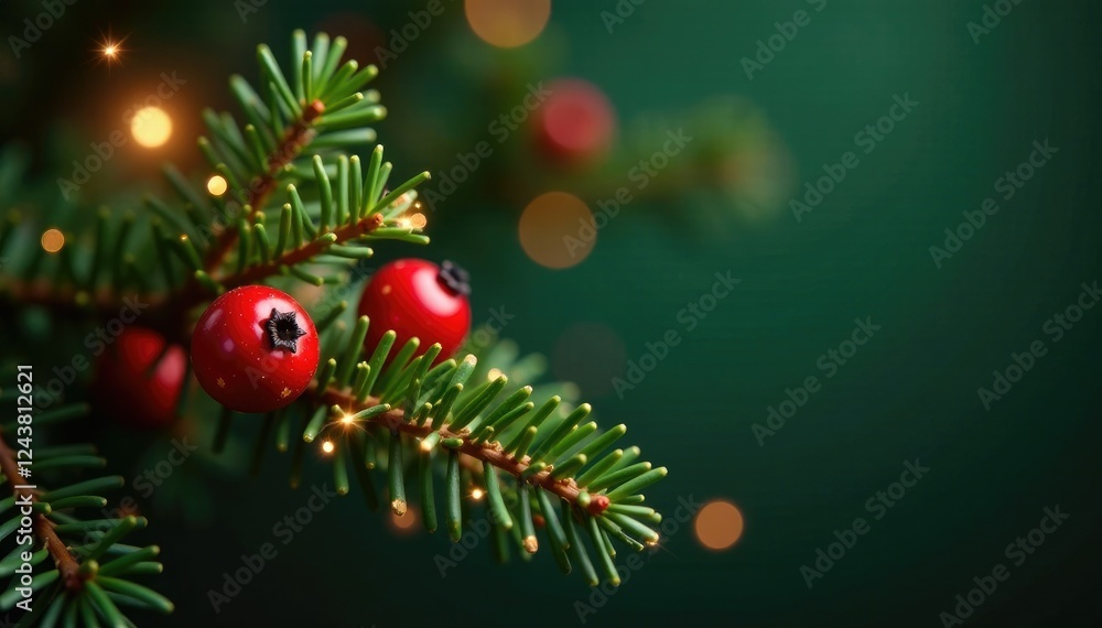 Naklejka premium Sparkling gold lights and red berries adorn a simple evergreen branch, evergreen, decorative