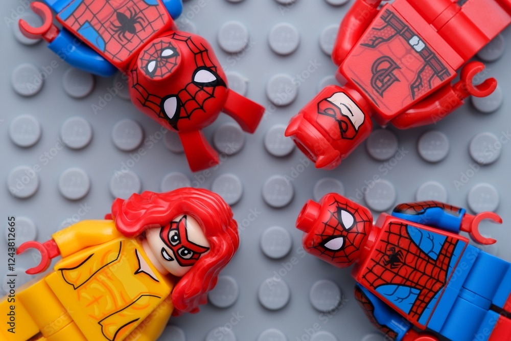 Naklejka premium Tambov, Russian Federation - February 03, 2025 Four Lego Marvel character minifigures - Spider-Ham, Daredevil, Firestar and Spider-Man, on a gray baseplate background.