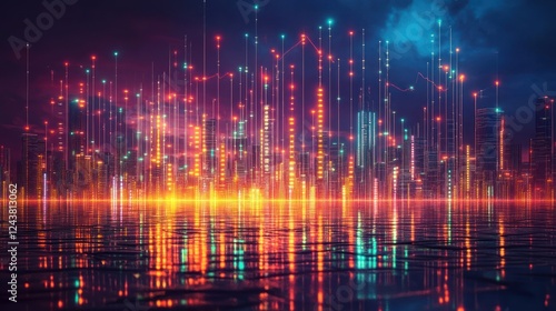 Wallpaper Mural Neon cityscape reflection, digital data streams, night, futuristic Torontodigital.ca