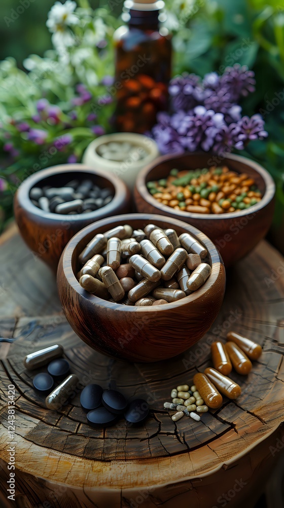 Natural herbal supplements and vitamins in wooden bowls with fresh lavender and essential oil bottle. Alternative medicine and holistic wellness concept for healthy lifestyle. Natural herbal supplements and vitamins in wooden bowls with fresh lavender and essential oil bottle. Alternative medicine and holistic wellness concept for healthy lifestyle.