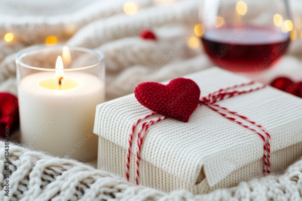 A cozy setting featuring a gift wrapped with twine and a heart, accompanied by a candle and a glass of red wine, perfect for a romantic evening. A cozy setting featuring a gift wrapped with twine and a heart, accompanied by a candle and a glass of red wine, perfect for a romantic evening.
