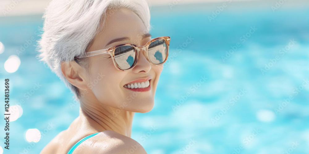 Mature Asian woman in sunglasses enjoying sunny day by poolside, summer concept Mature Asian woman in sunglasses enjoying sunny day by poolside, summer concept