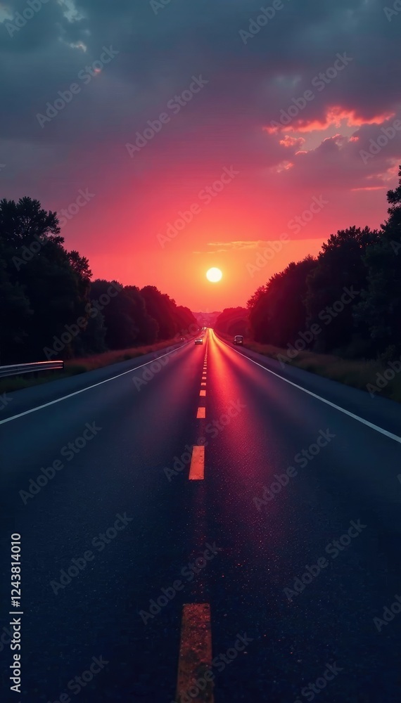 Sunset on a calm road with a single yellow top light illuminated background, highway, evening, road Sunset on a calm road with a single yellow top light illuminated background, highway, evening, road