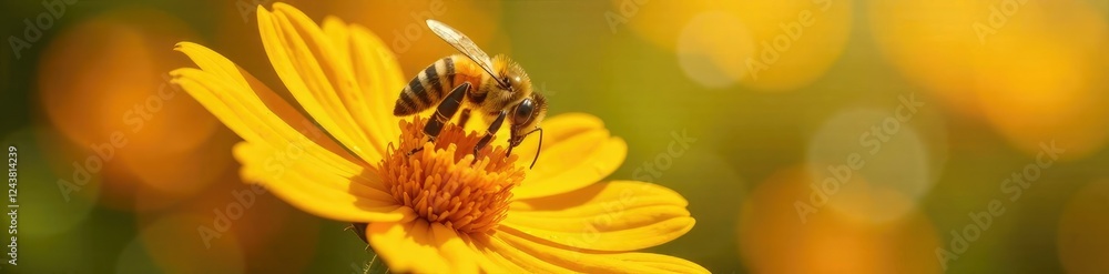 Yellow bee collecting nectar from orange flower details, sunshine, bees