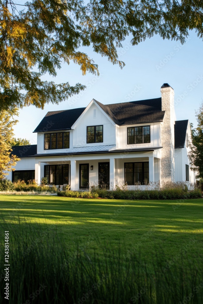Charming modern farmhouse in a serene rural setting with lush greenery and a clear blue sky during the golden hour of late afternoon Charming modern farmhouse in a serene rural setting with lush greenery and a clear blue sky during the golden hour of late afternoon