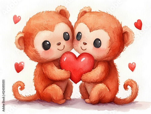Cute cartoon couple of monkeys with red heart. Vector illustration.