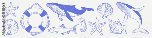 Cute sea illustrations of whale, seahorse, fish, shells, lifebuoy. Doodle sketch drawing for invitation wedding or party.	Summer naive hand drawn elements.