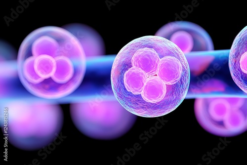 A vibrant close-up of cells, showcasing their intricate structures with a blend of purple hues against a dark background.