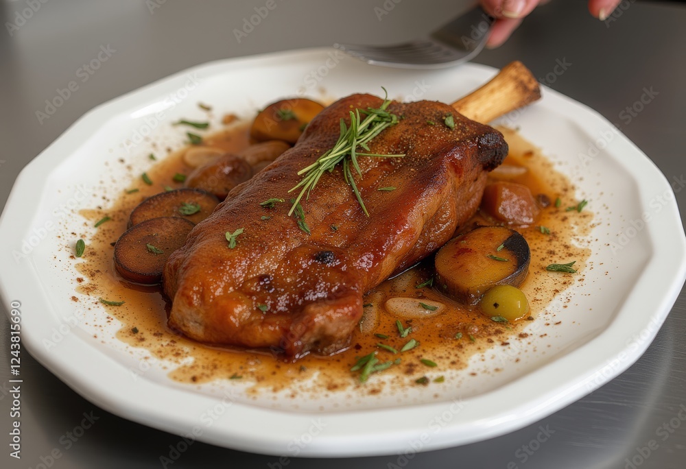 Gourmet roasted pork rib with fresh rosemary, carrots, potatoes, and olives on a white plate culinary presentation fine dining Gourmet roasted pork rib with fresh rosemary, carrots, potatoes, and olives on a white plate culinary presentation fine dining